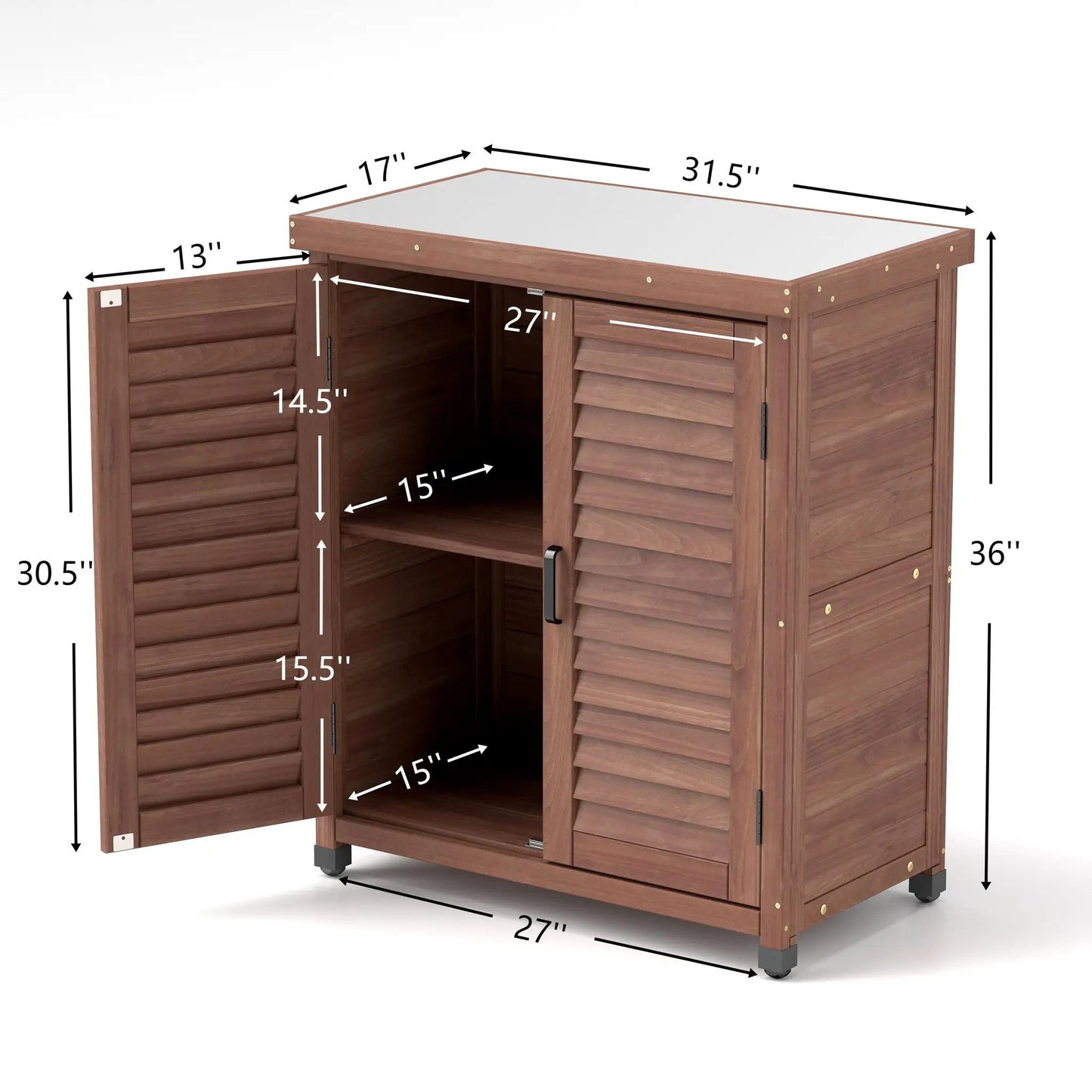 Potting bench with storage cabinet and metal top in brown wood finish on Tampa Home & Garden Store