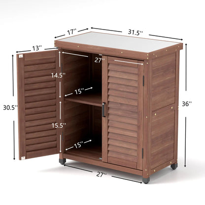 Potting bench with storage cabinet and metal top in brown wood finish on Tampa Home & Garden Store