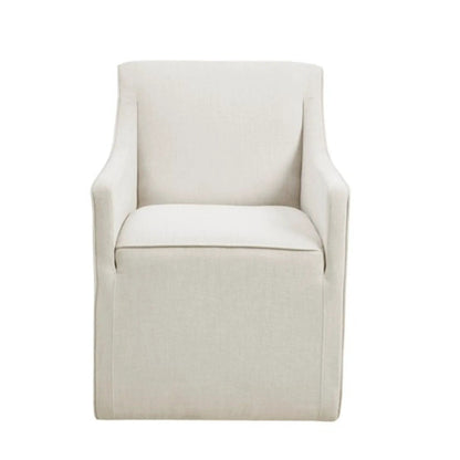 Traditional skirted dining arm chair in beige linen fabric, front view by Unique Piece Furniture on Tampa Home & Garden Store