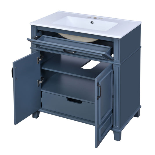 Blue bathroom vanity with sink storage cabinet, white countertop and pull-out drawers on Tampa Home & Garden Store