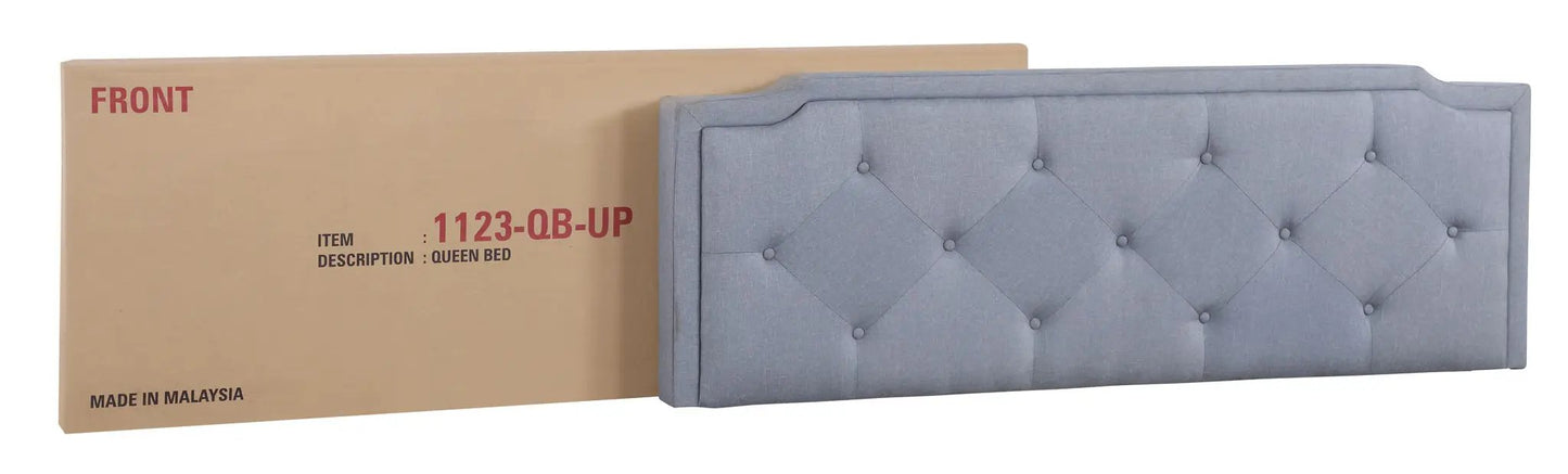 Button tufted upholstered queen bed in blue-gray fabric by Unique Piece Furniture on Tampa Home & Garden Store