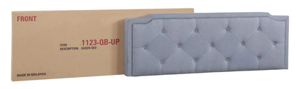Button tufted upholstered queen bed in blue-gray fabric by Unique Piece Furniture on Tampa Home & Garden Store