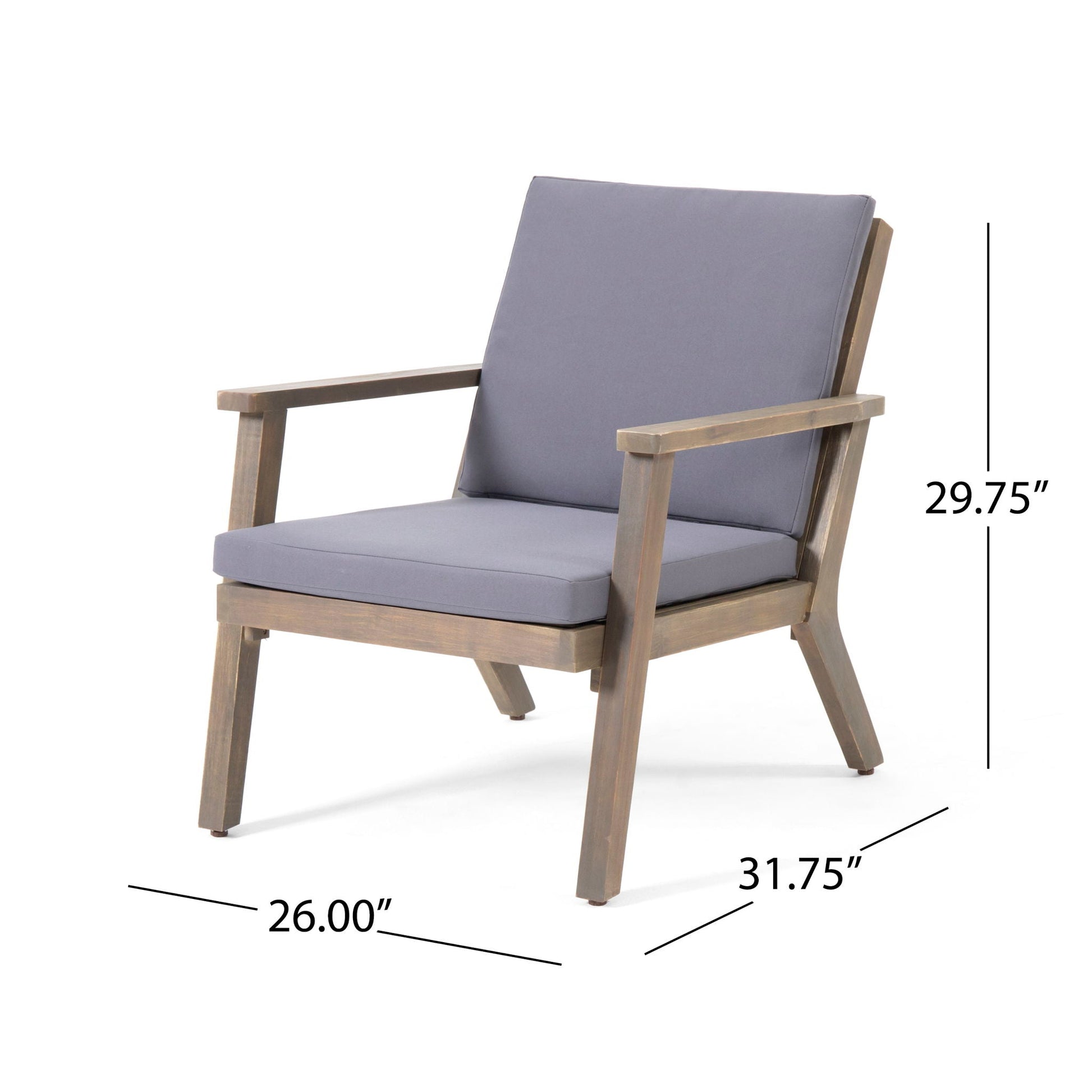 Outdoor Club Chair with Cushion gray cushions and a wooden frame designed for outdoor use on Tampa Home & Garden Store