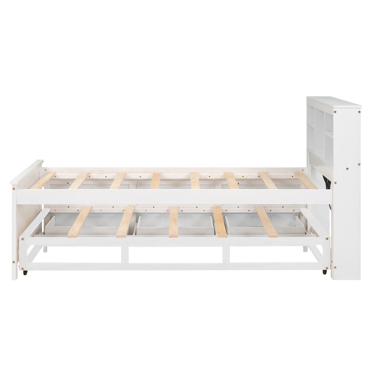 White platform bed frame with exposed wooden slats and a tall white storage headboard with open cubbies on Tampa Home & Garden Store
