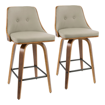 Counter stool set (2) beige upholstered swivel stools with walnut wood frames on Tampa Home & Garden Store