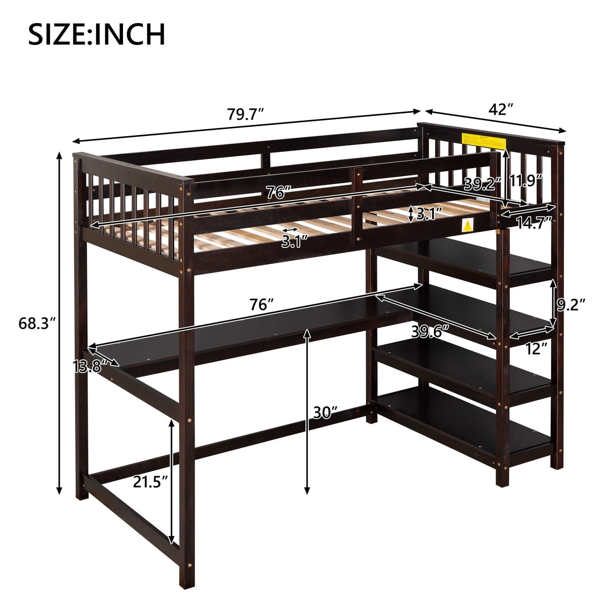 Loft bed with storage shelves and under-bed desk in dark wood, HouseOfZazla on Tampa Home & Garden Store