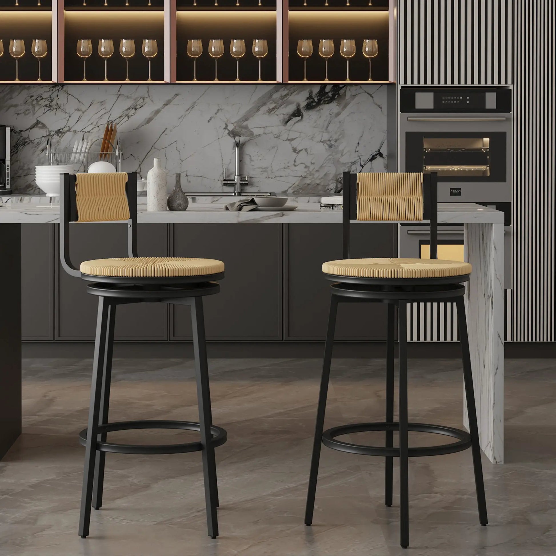 Bar stools swivel counter chairs with metal frame and paper rope seats beige set of 2 on Tampa Home & Garden Store