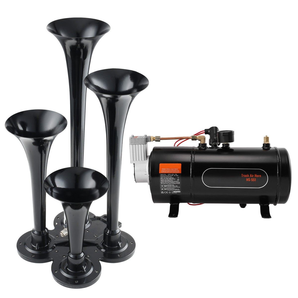 4-trumpet train horn kit with black horns and compact air compressor for pickup trucks on Tampa Home & Garden Store