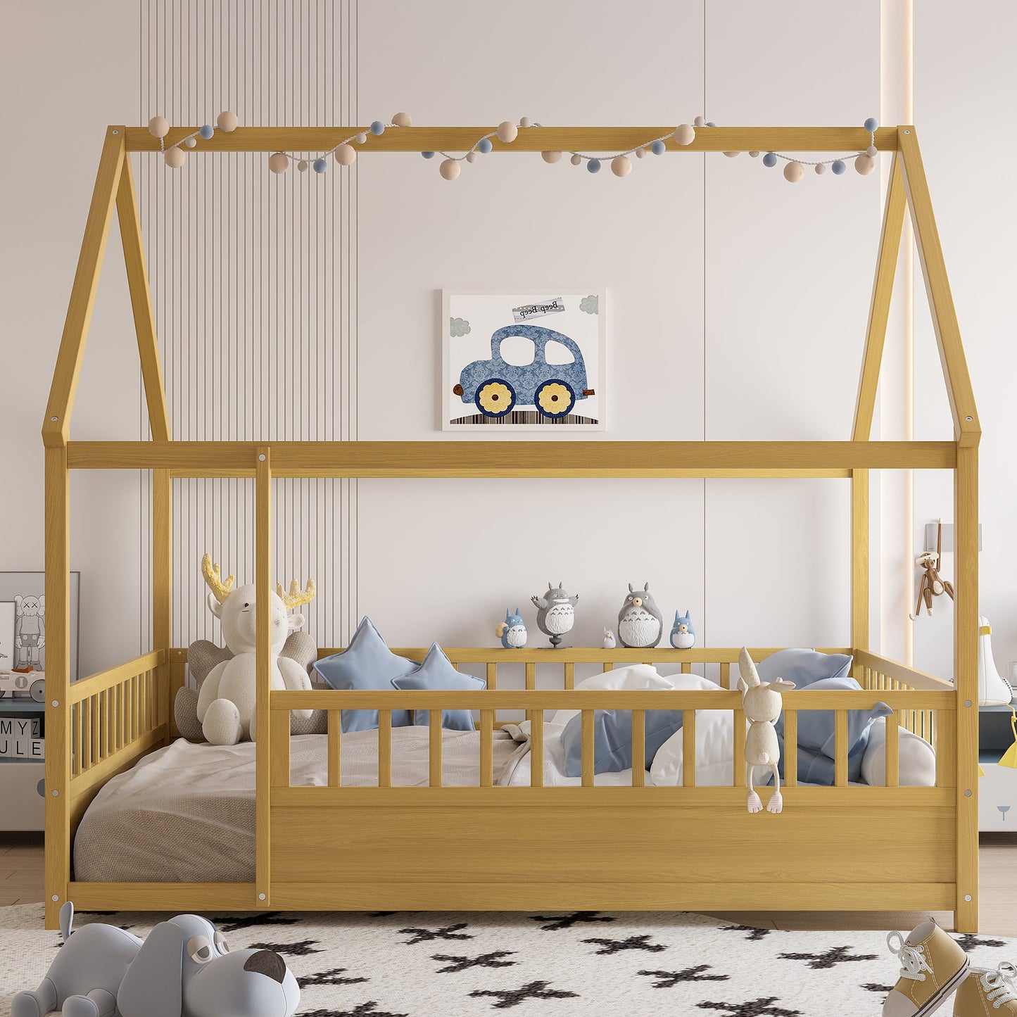 Full-size wooden bed with house roof frame in natural wood finish with pastel string lights on Tampa Home & Garden Store