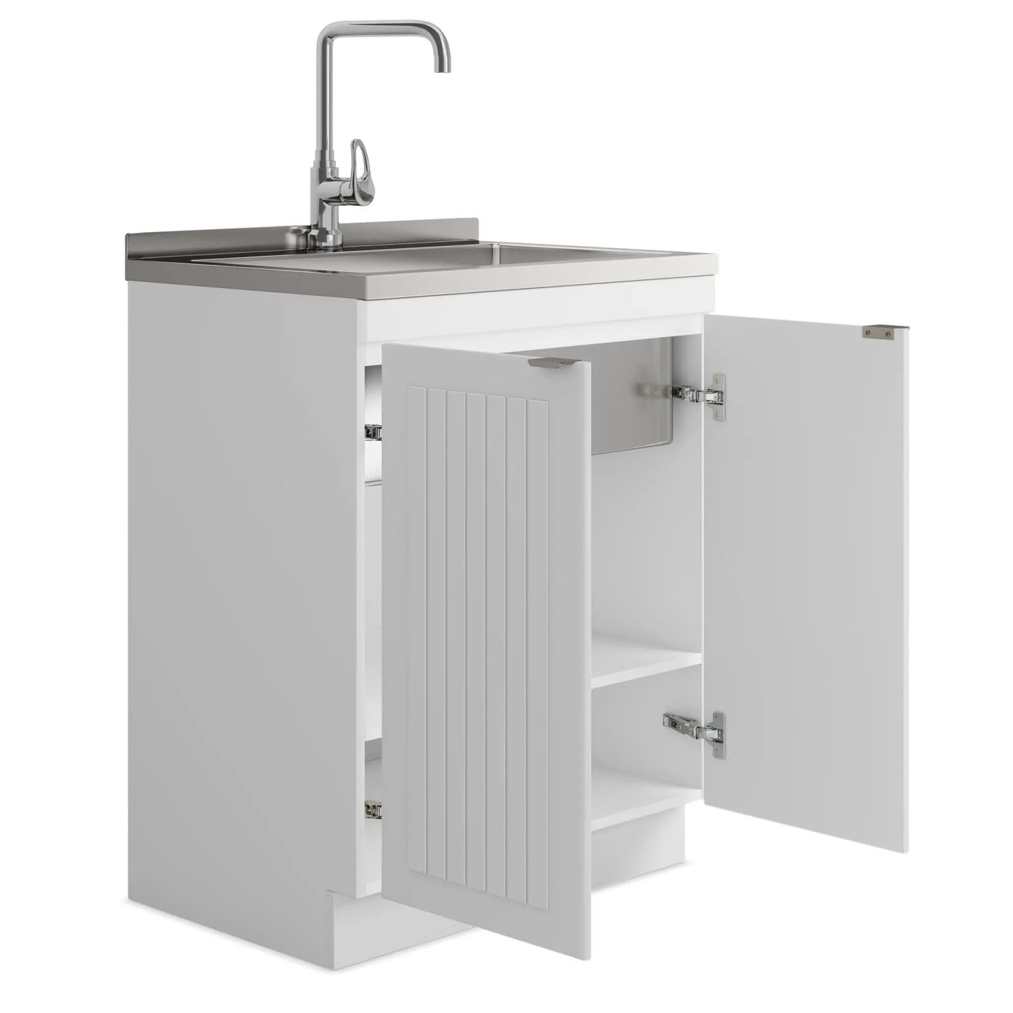 Murphy laundry cabinet vanity with stainless steel sink and chrome gooseneck faucet on Tampa Home & Garden Store