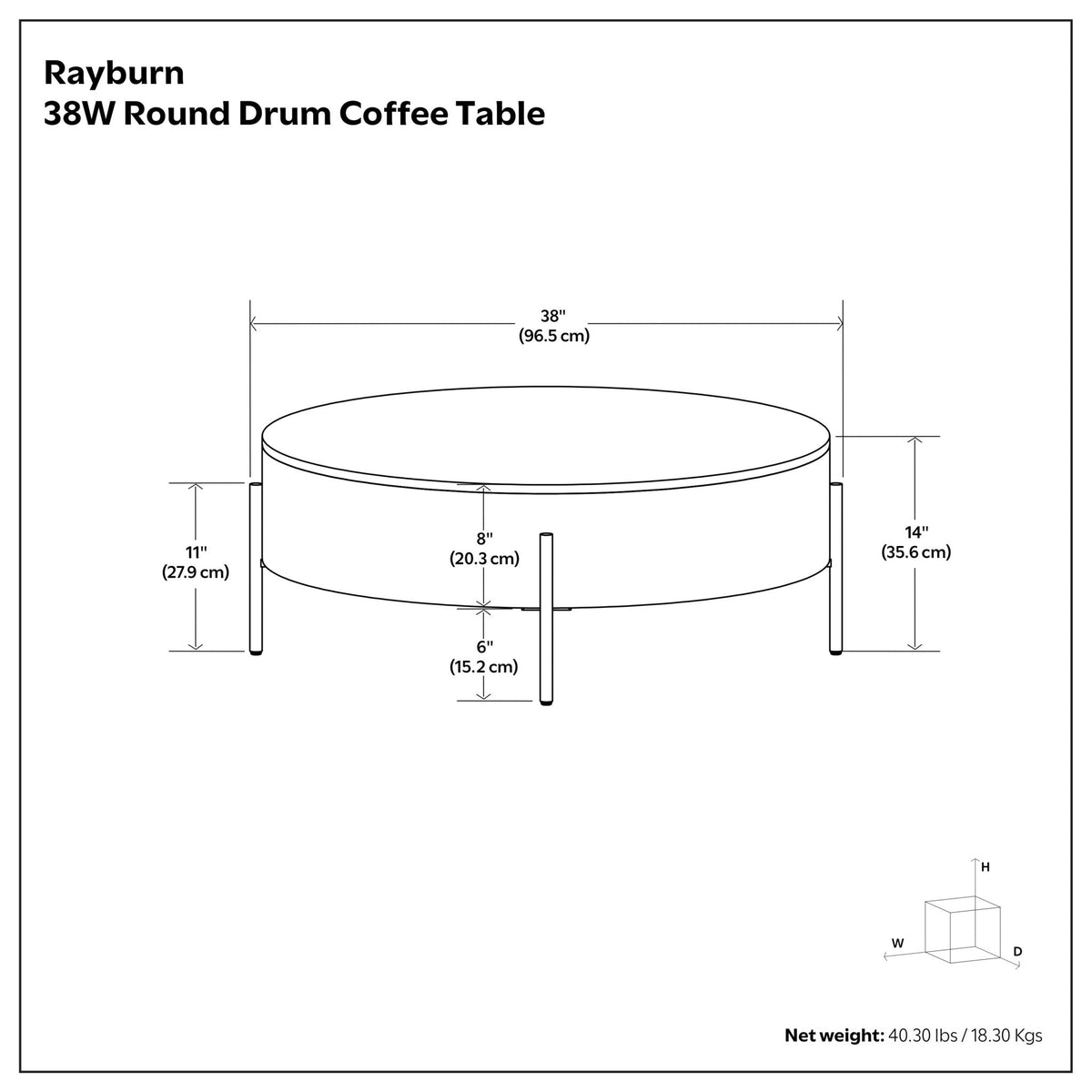 Stylish round drum coffee table in solid mango wood, 38W with slim legs on Tampa Home & Garden Store