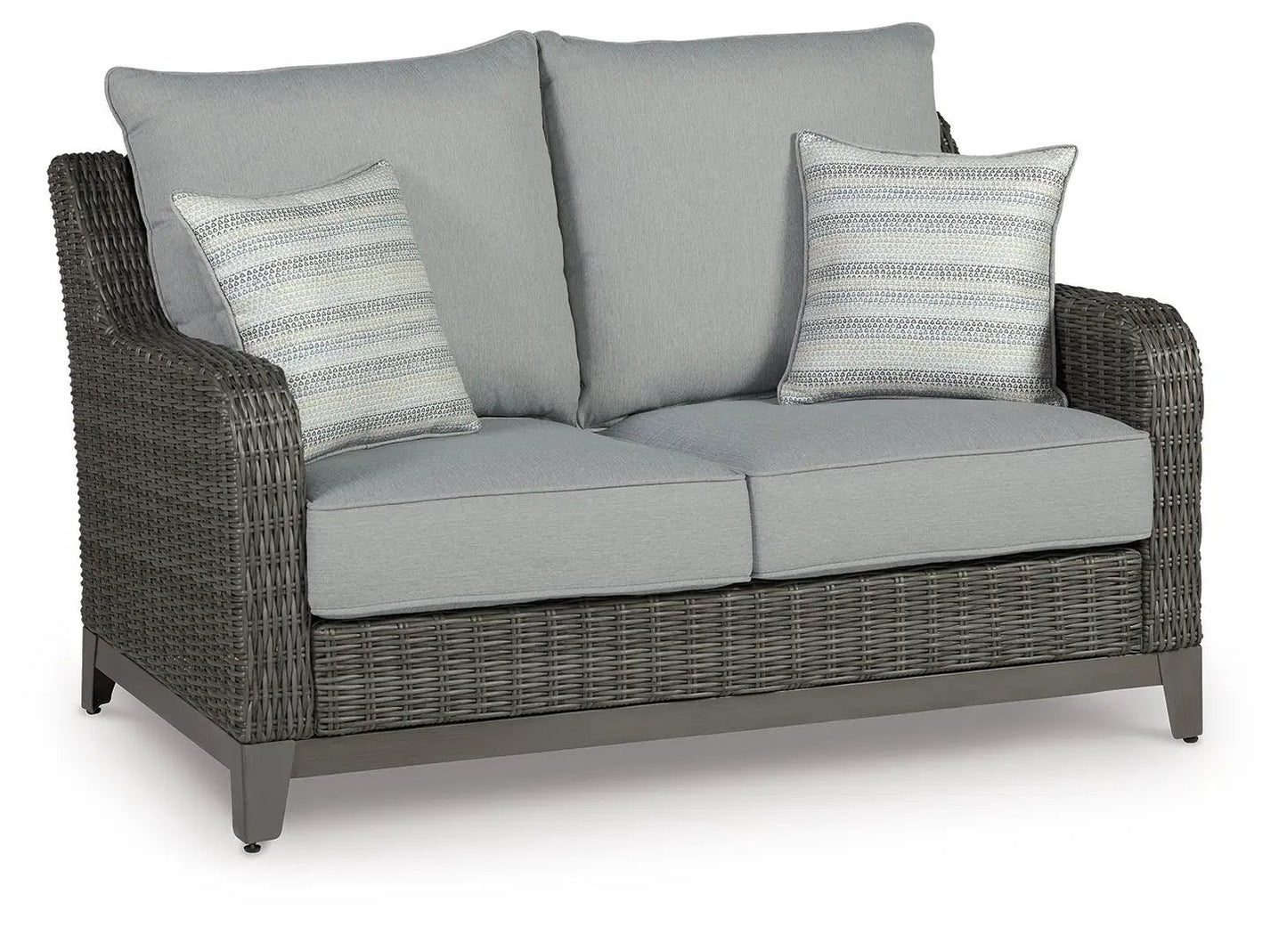 Elite Park gray loveseat with light gray cushions and dark wicker frame on Tampa Home & Garden Store