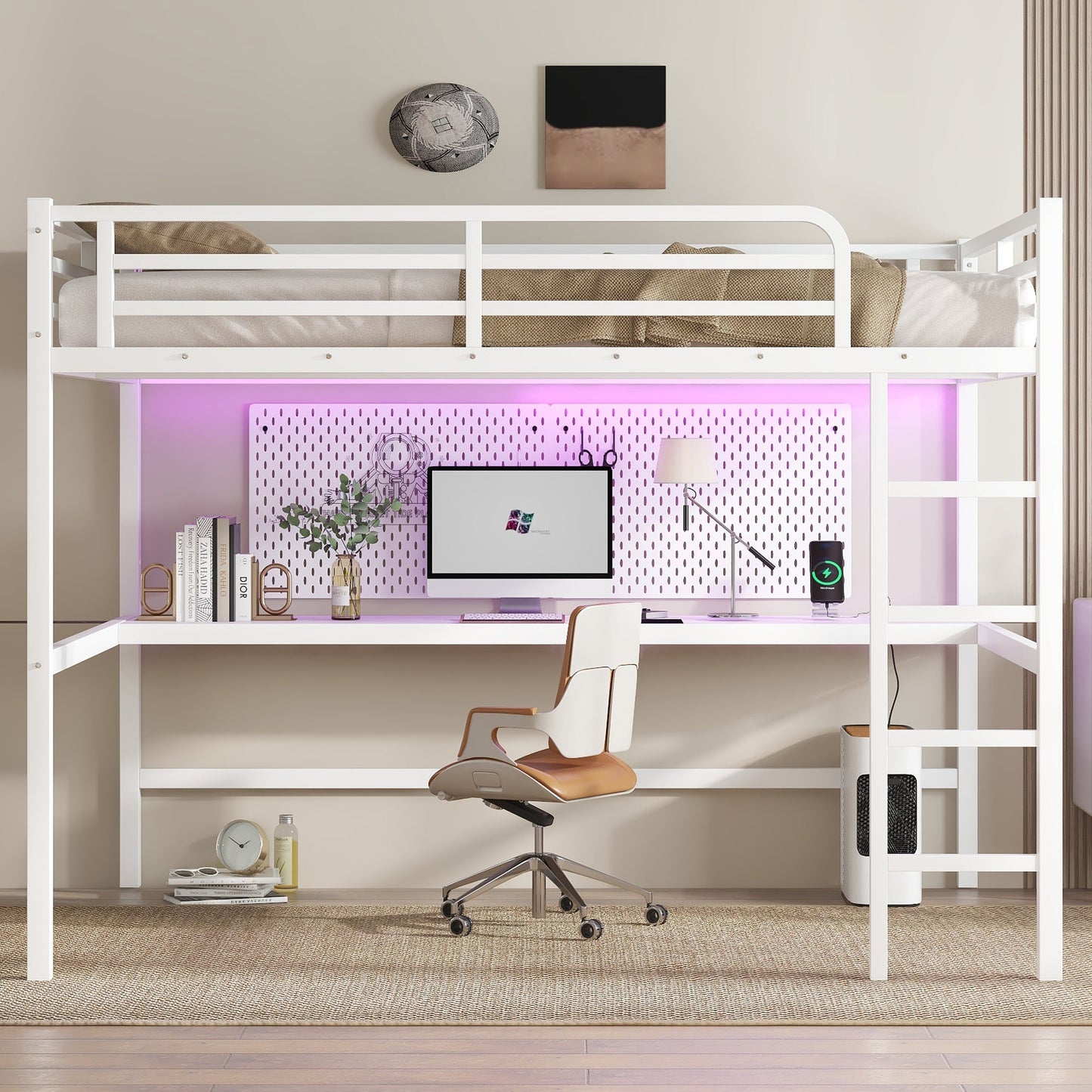 Metal queen-size loft bed with power outlet and LED lighting; pink-lit desk area beneath on Tampa Home & Garden Store