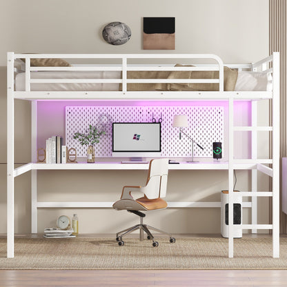 Metal queen-size loft bed with power outlet and LED lighting; pink-lit desk area beneath on Tampa Home & Garden Store