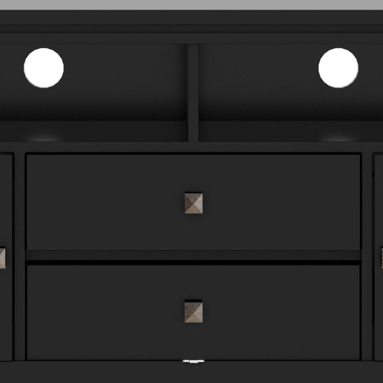 Wide handcrafted solid wood media stand with two drawers and square metal knobs on Tampa Home & Garden Store