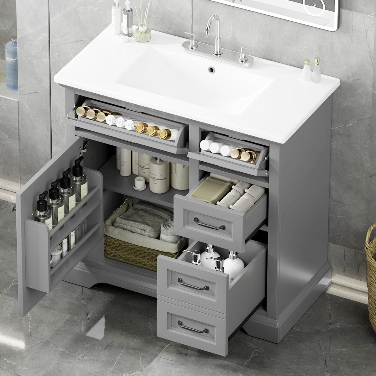 36in bathroom vanity with sink in dark gray, soft-close hinges, chrome faucet, open drawers with towels on Tampa Home & Garden Store
