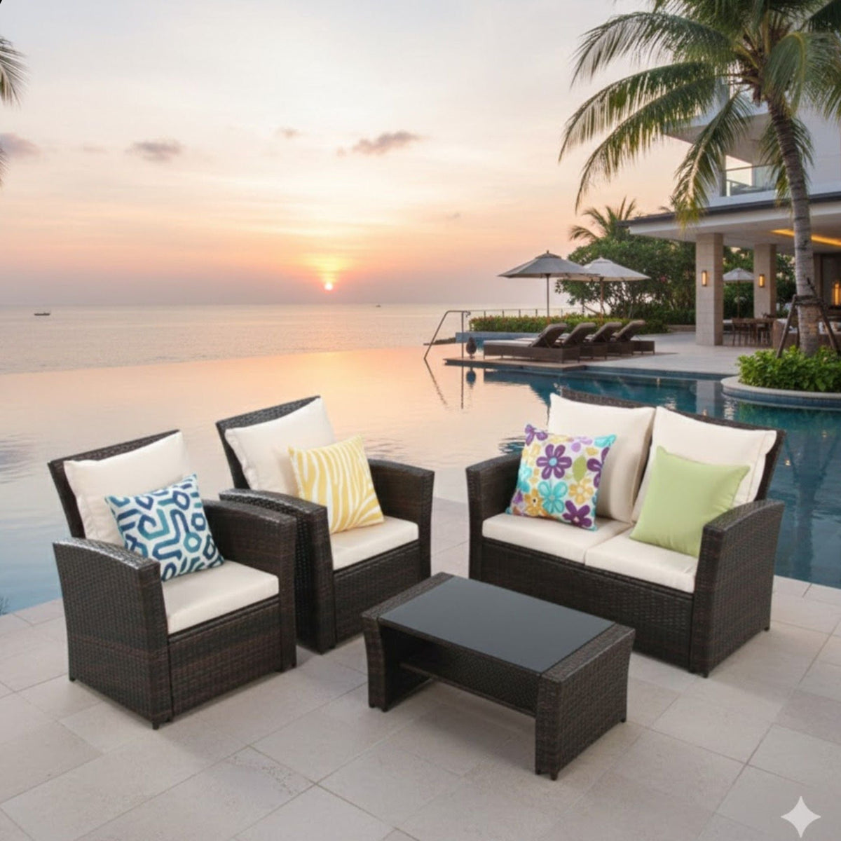Modern patio set with cushions 4-piece outdoor wicker furniture by poolside with pillows on Tampa Home & Garden Store