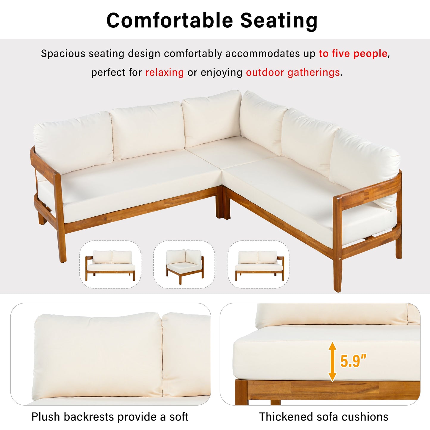 U_Style Acacia Solid Wood Outdoor Furniture Set sectional sofa with cream cushions on Tampa Home & Garden Store