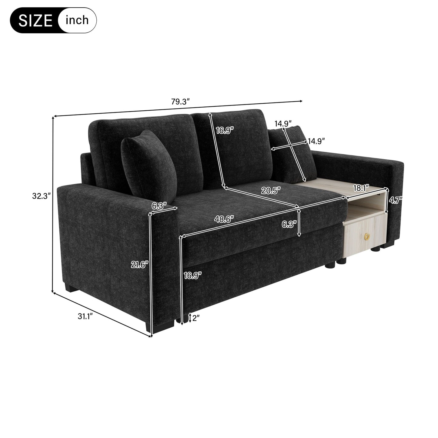 Modular sofa couch with storage armrest and center console in charcoal fabric, 79.3 inches wide on Tampa Home & Garden Store