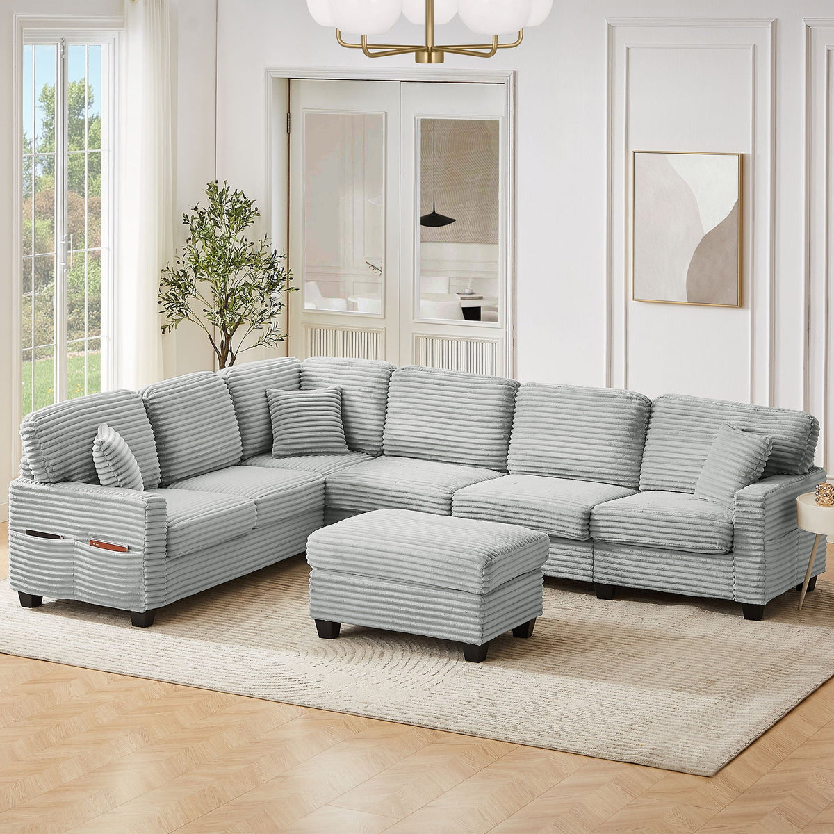 Upholstered U-Shaped Sectional Sofa with movable ottoman and side pockets in gray ribbed fabric on Tampa Home & Garden Store