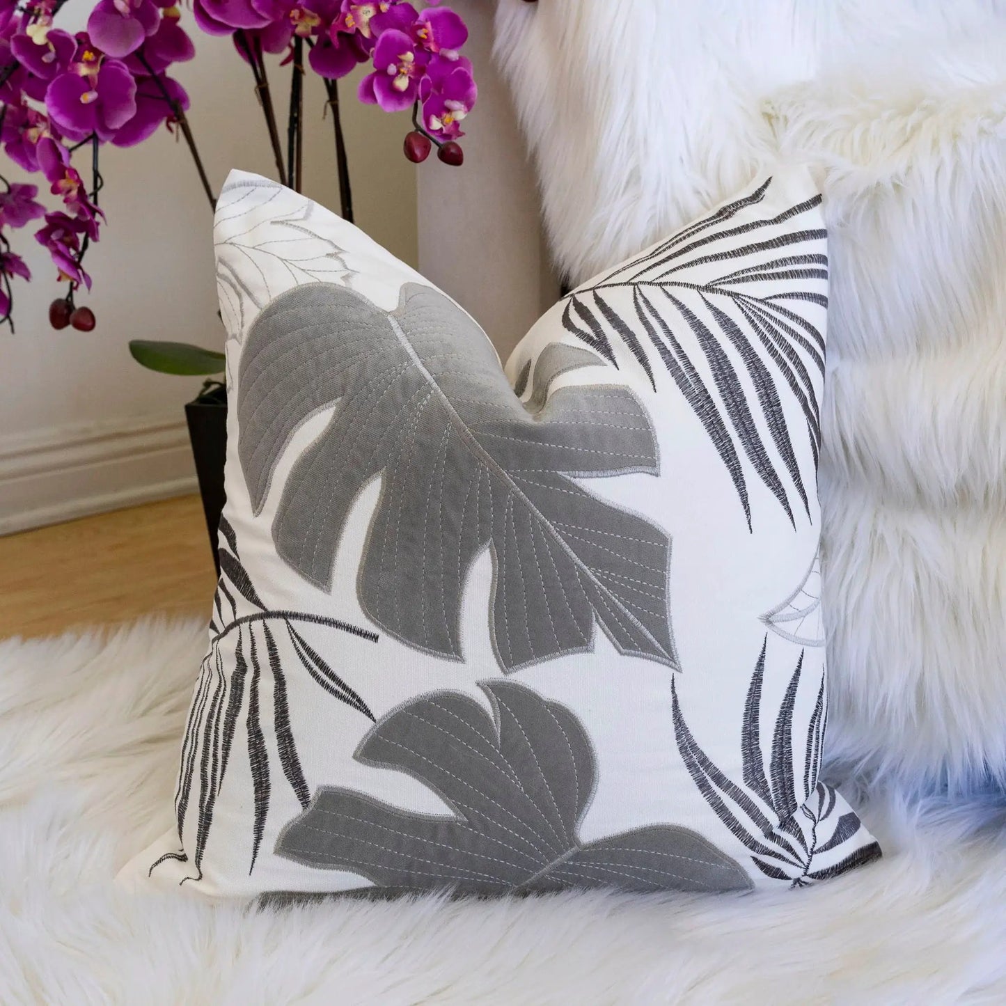 Autumn Vibes Leaf Accent Pillow; gray and white botanical print, set of 2 cushions on Tampa Home & Garden Store