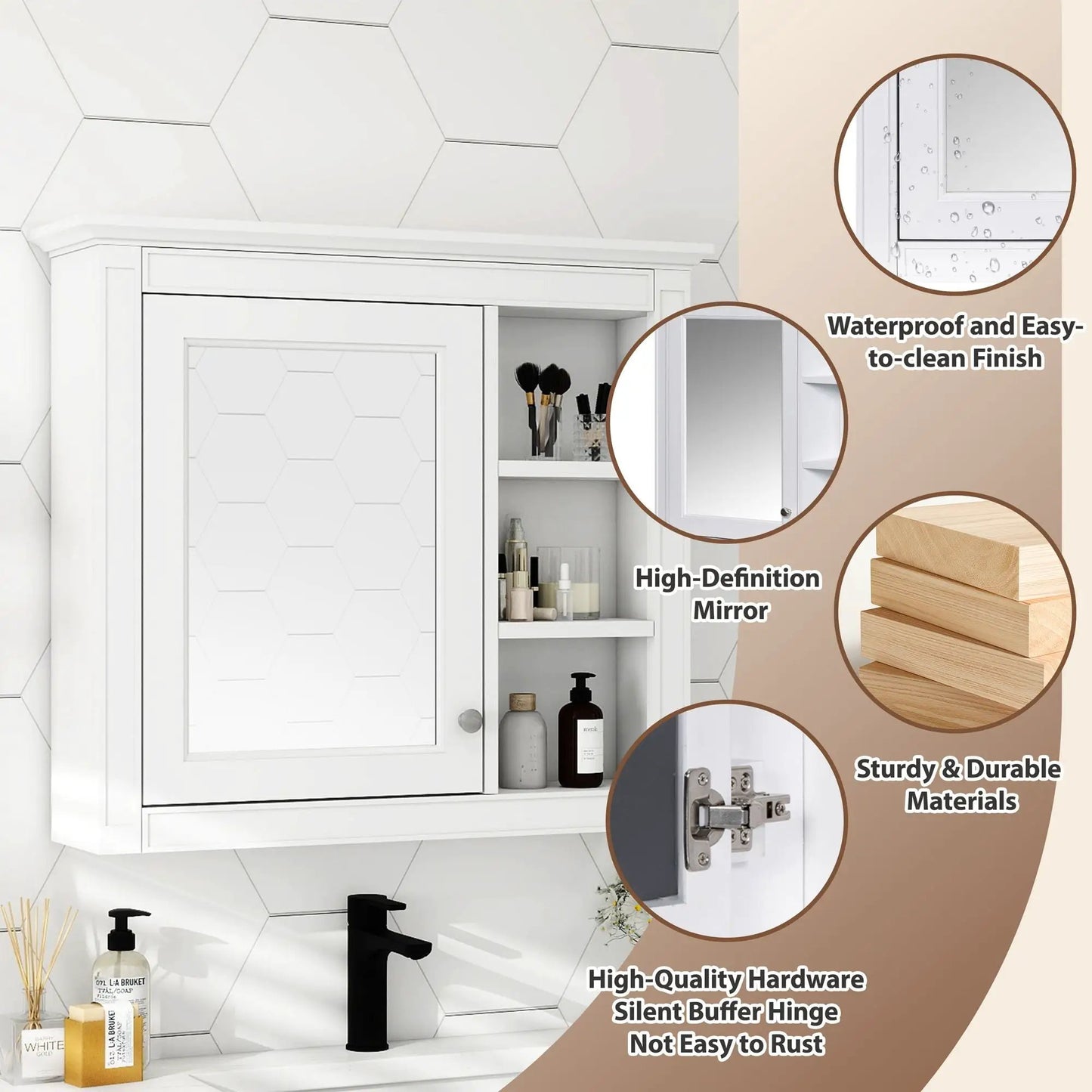 Wall Mounted Cabinet With Mirror and Open Shelves