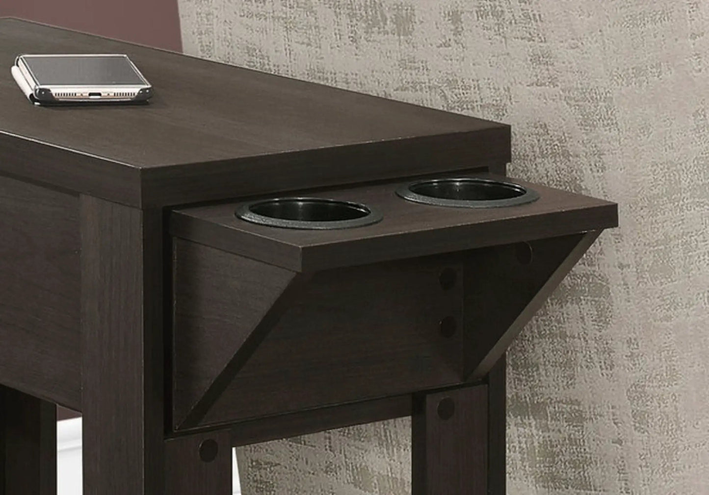 Accent Side Table with storage in dark espresso wood, two-tier design with cup holders on Tampa Home & Garden Store