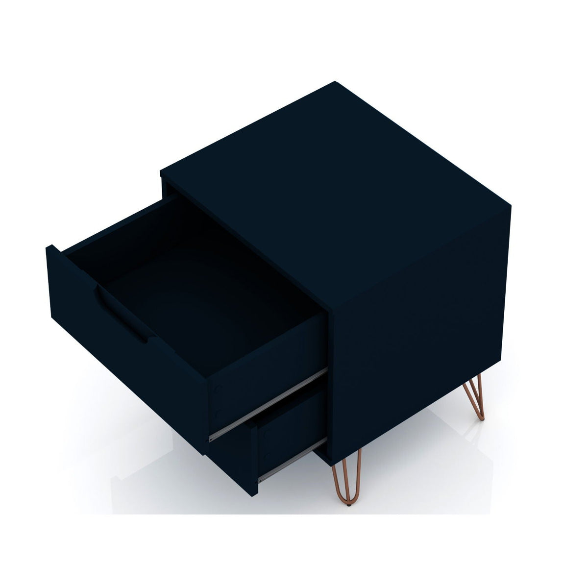 2-drawer nightstand navy blue by HouseOfZazla with copper hairpin legs on Tampa Home & Garden Store