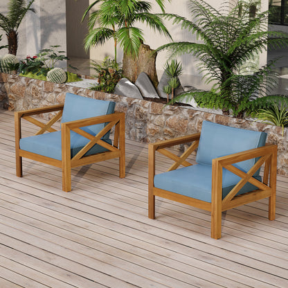 Outdoor Acacia Wood Armchair Set with Cushions