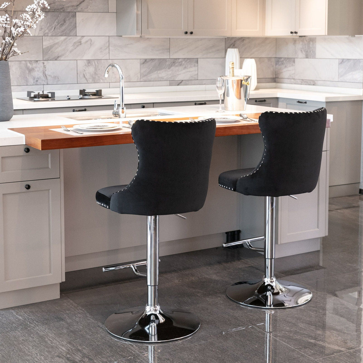 Swivel adjustable height barstools set of 2 with black upholstery and chrome pedestal bases on Tampa Home & Garden Store