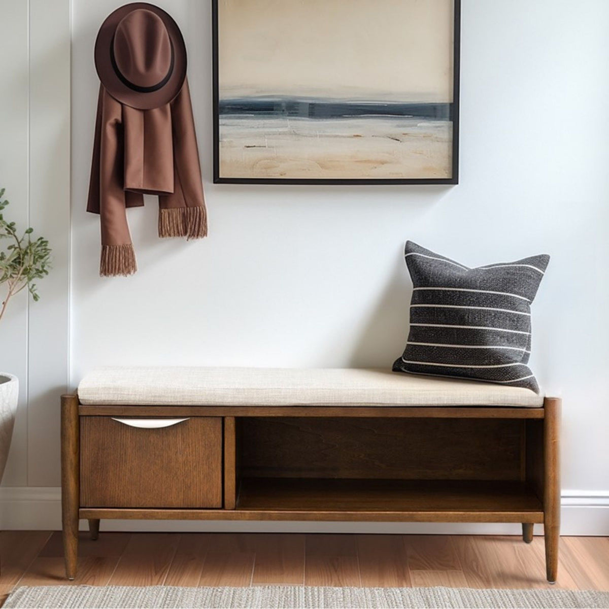 Accent bench with storage in walnut brown beige upholstered cushion with drawers and open shelf by HouseOfZazla on Tampa Home & Garden Store