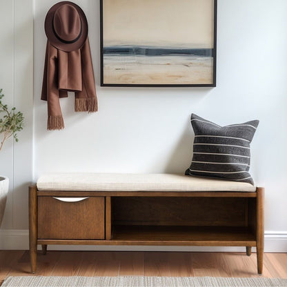 Accent bench with storage in walnut brown beige upholstered cushion with drawers and open shelf by HouseOfZazla on Tampa Home & Garden Store