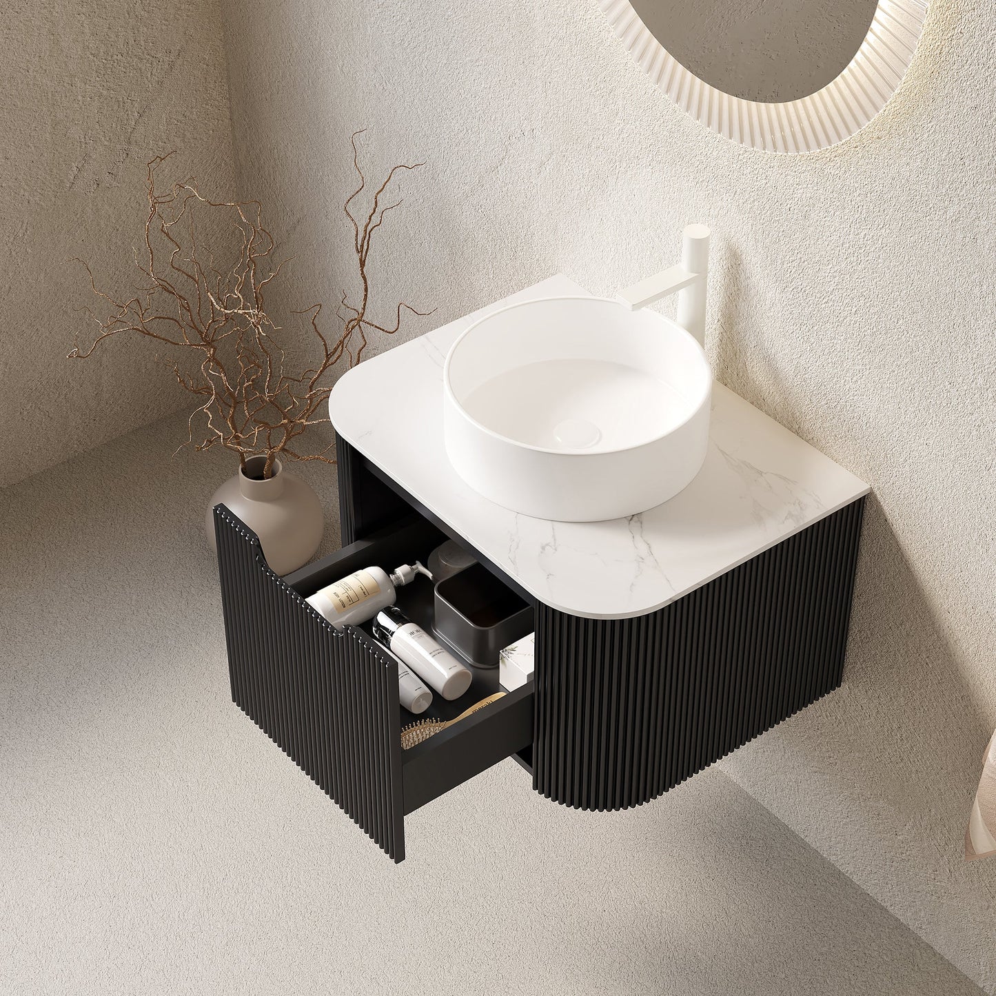 DINA 24in bathroom vanity and sink with curved-edge black striped cabinet white marble on Tampa Home & Garden Store