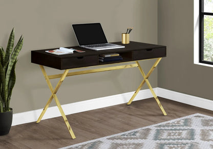 Espresso computer desk with two storage drawers and open shelf, gold X-frame legs on Tampa Home & Garden Store