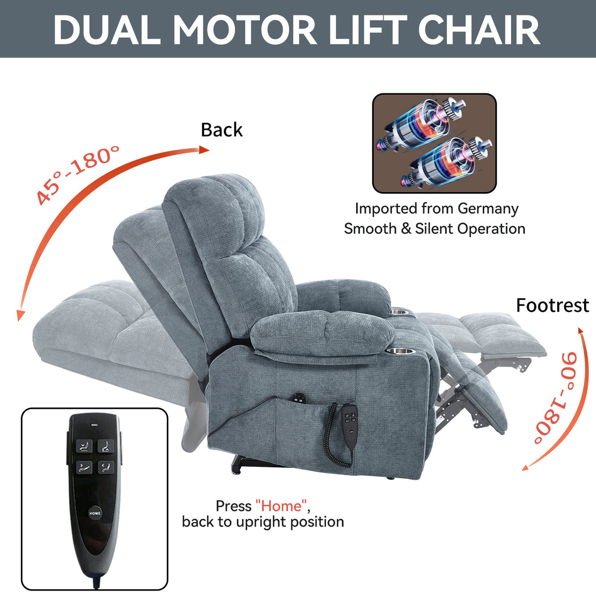 Grey chenille power lift recliner chair by HouseOfZazla with remote control on Tampa Home & Garden Store