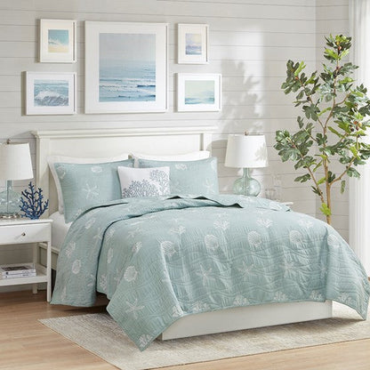 Quilt Set aqua cotton reversible with embroidered sea motifs; includes pillow, HouseOfZazla on Tampa Home & Garden Store