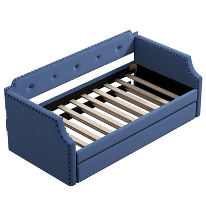 Upholstered daybed with trundle in blue fabric, nailhead trim, wood slat base HouseOfZazla on Tampa Home & Garden Store