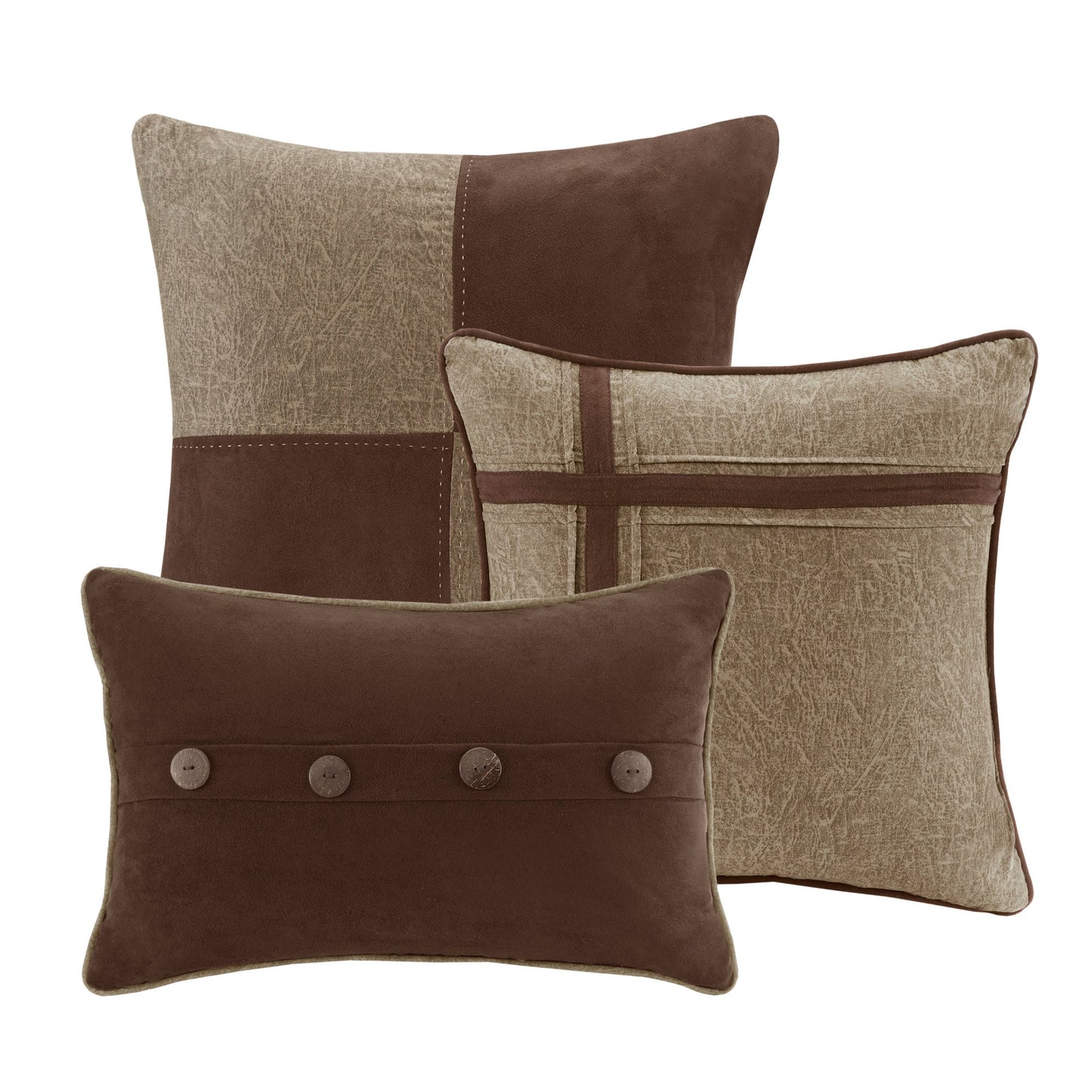 7 Piece Faux Suede Comforter Set Brown Queen with beige patchwork pillows and button accents on Tampa Home & Garden Store