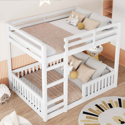 Stylish Bunk Bed with Ladder and Guardrails, white frame with beige bedding and star pillows on Tampa Home & Garden Store