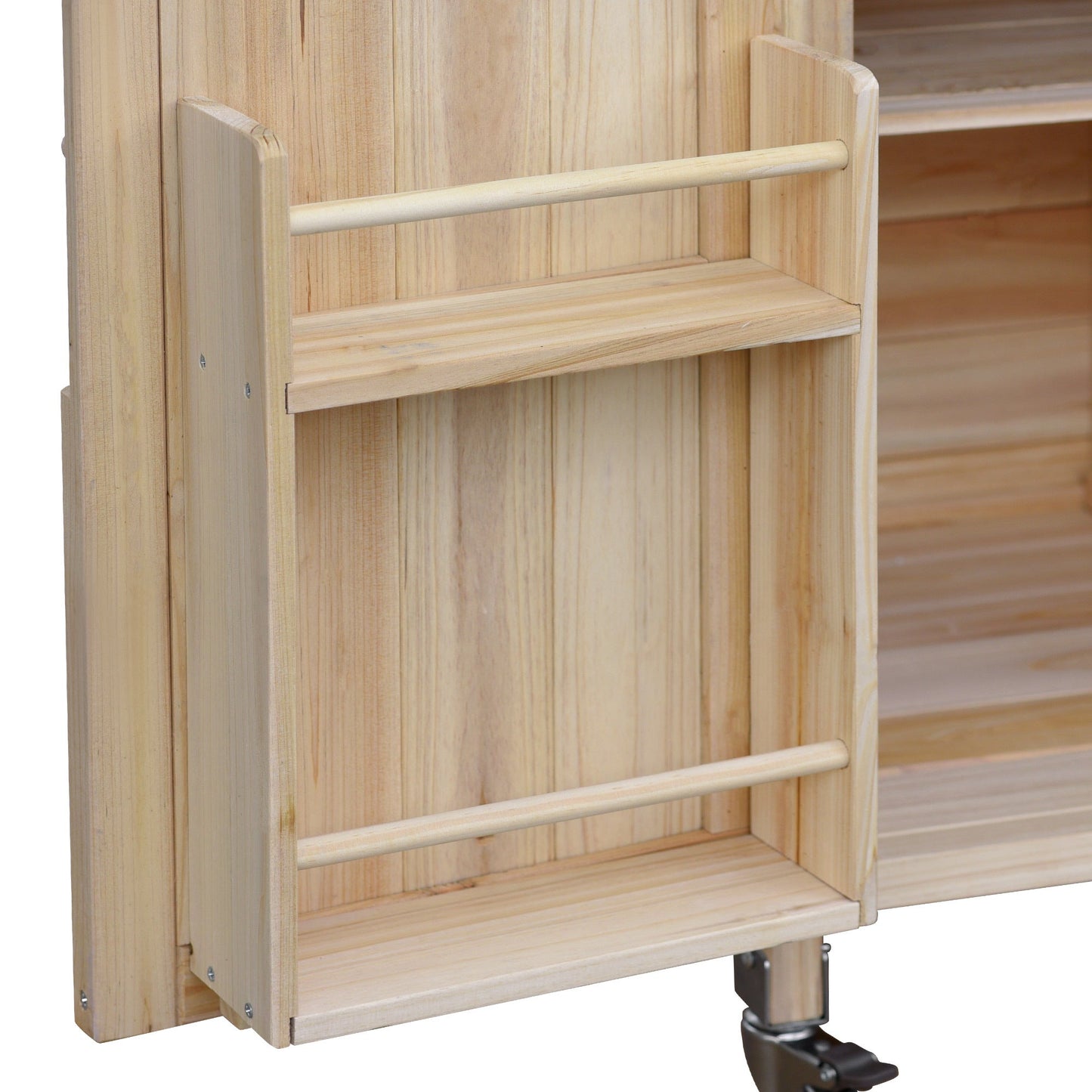 K&K Outdoor Kitchen Island rolling bar cart in natural wood finish with caster wheels on Tampa Home & Garden Store