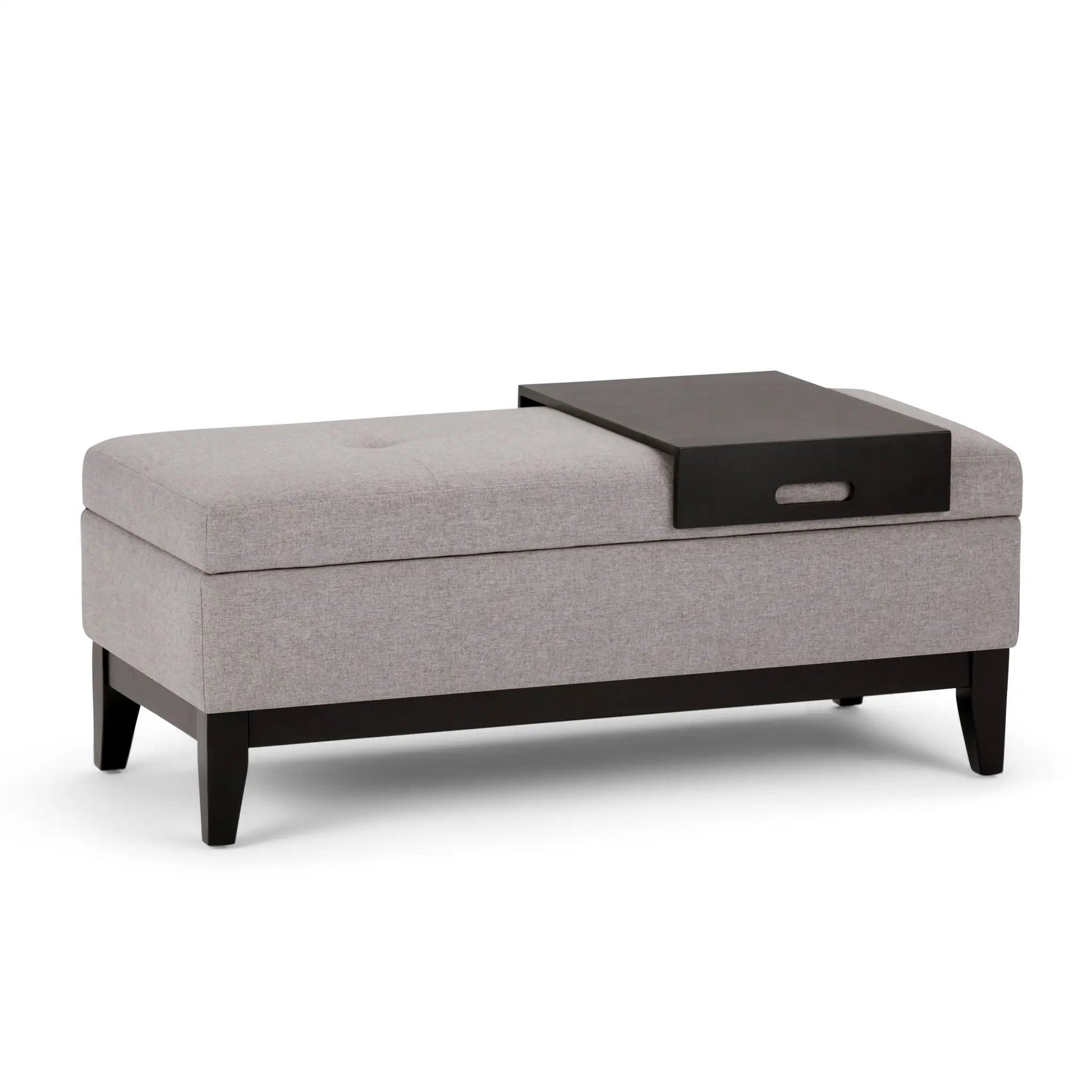 Oregon Contemporary Storage Ottoman Bench With Tray in gray fabric on black base with legs on Tampa Home & Garden Store