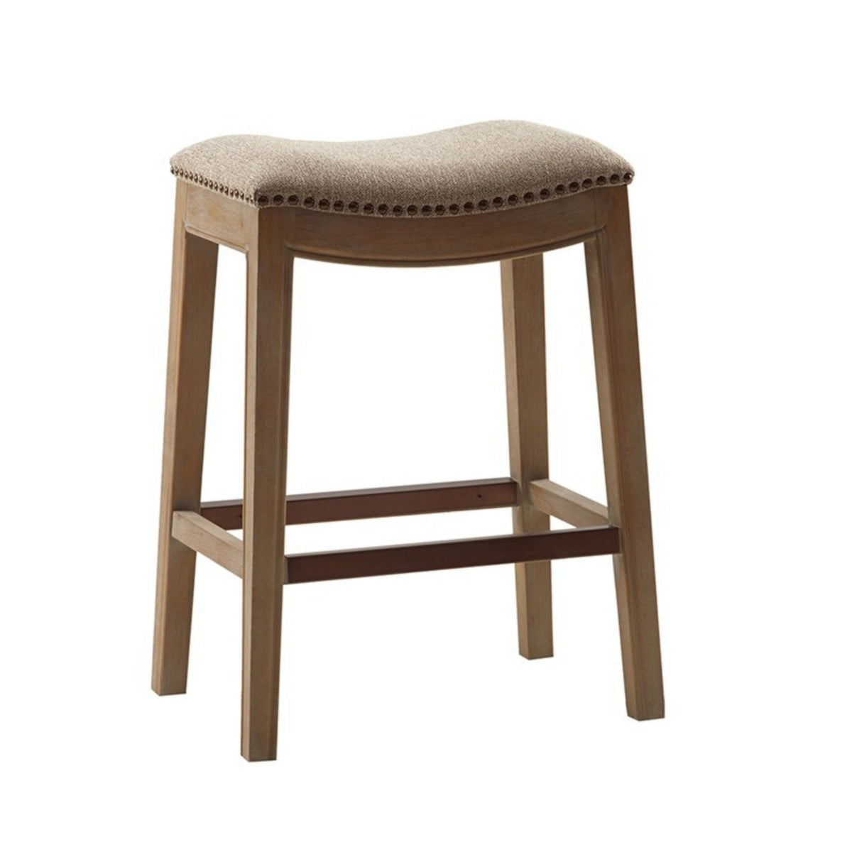 Saddle counter stool with light brown upholstery, nailhead trim, wooden legs, 24–27 in on Tampa Home & Garden Store