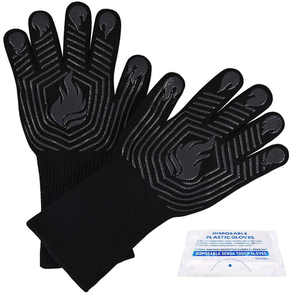 BBQ gloves 1472°F heat resistant fireproof oven mitts black with textured grip lines on Tampa Home & Garden Store