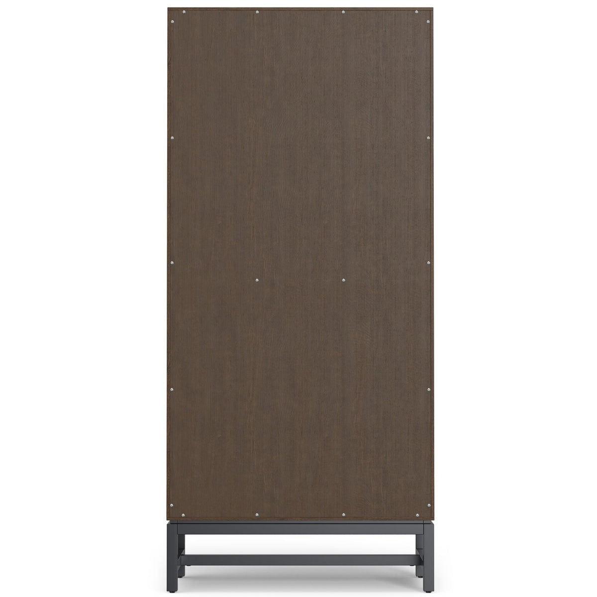 Handcrafted mid century bookcase back panel in dark brown wood with metal base frame on Tampa Home & Garden Store