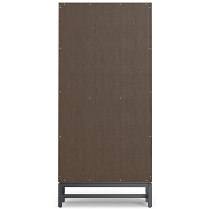 Handcrafted mid century bookcase back panel in dark brown wood with metal base frame on Tampa Home & Garden Store