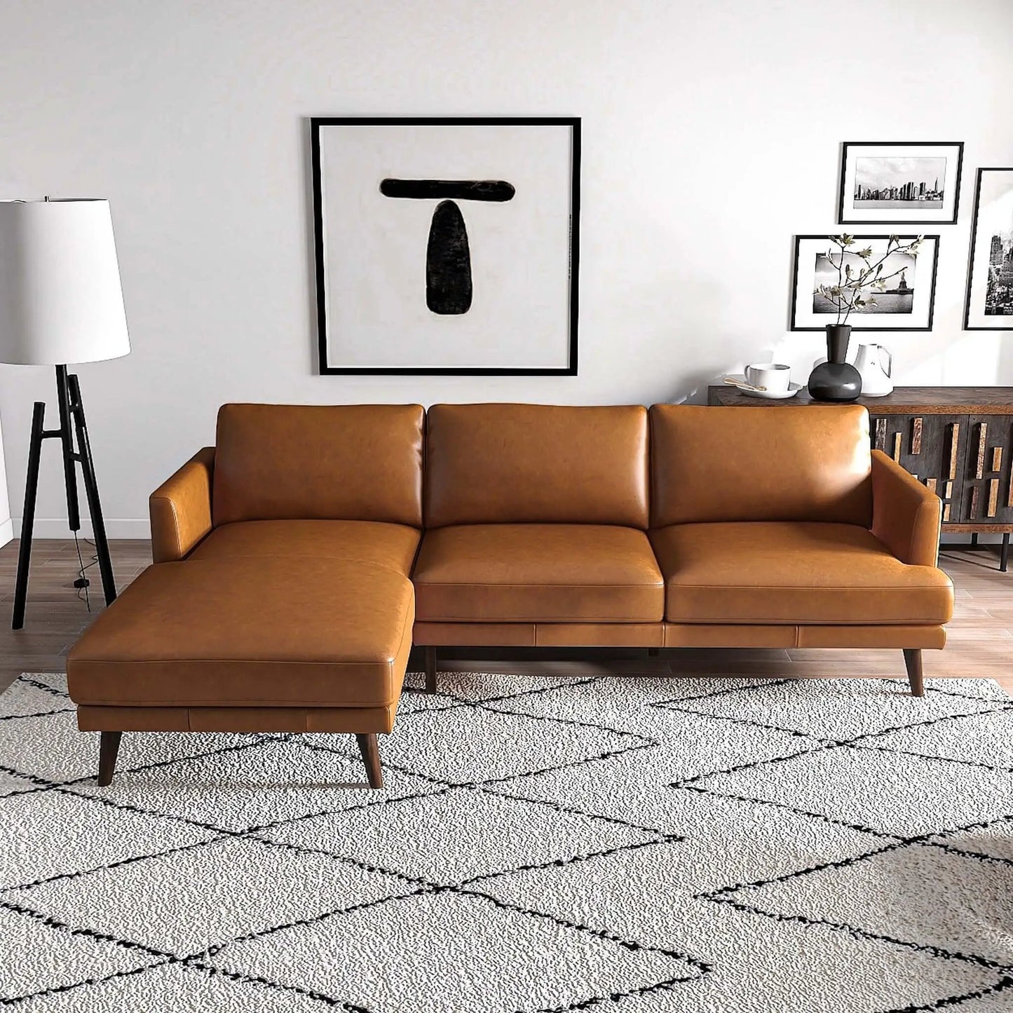 Lore high quality L-shaped stationary sectional in tan leather with matching ottoman on Tampa Home & Garden Store