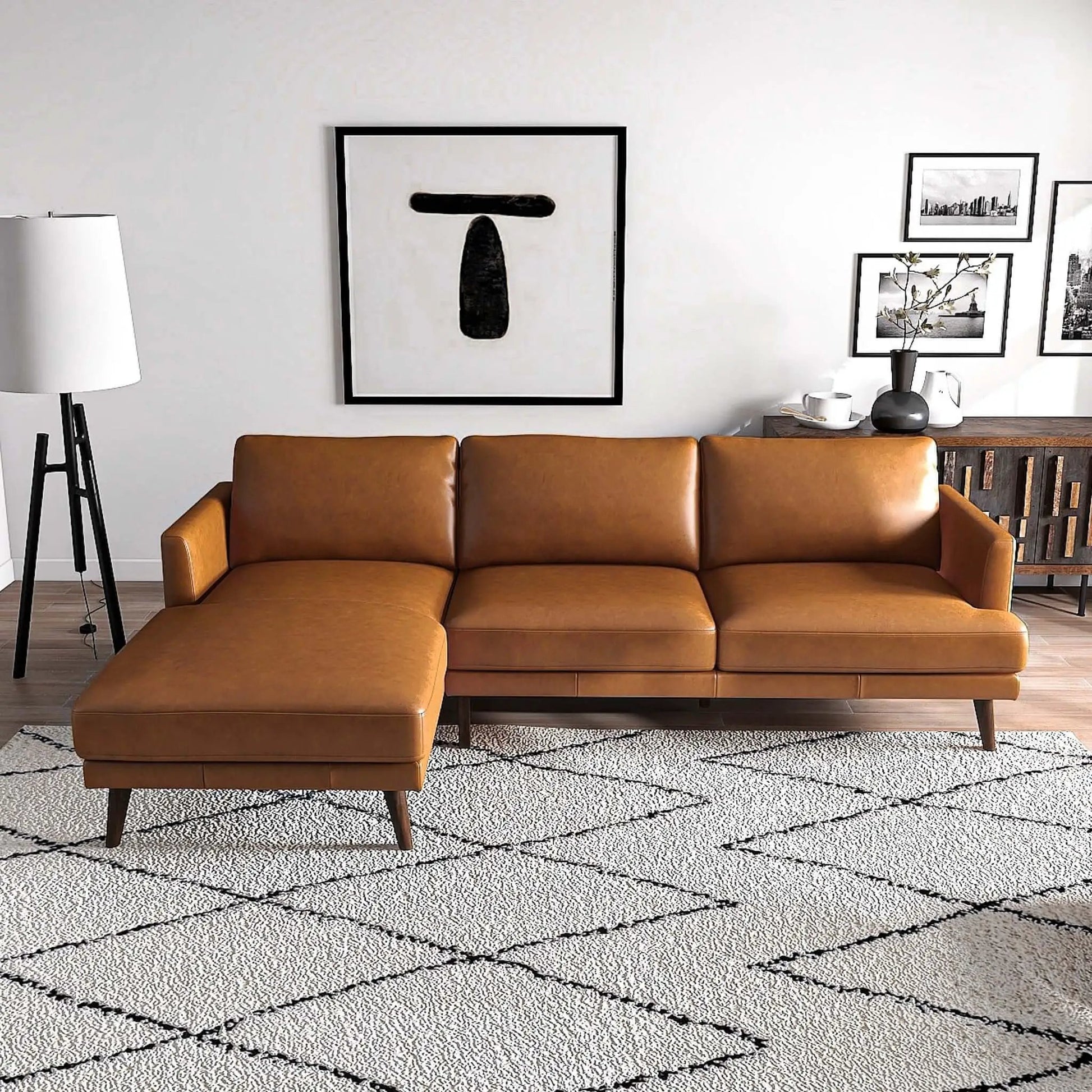 Lore high quality L-shaped stationary sectional in tan leather with matching ottoman on Tampa Home & Garden Store