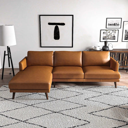 Lore high quality L-shaped stationary sectional in tan leather with matching ottoman on Tampa Home & Garden Store