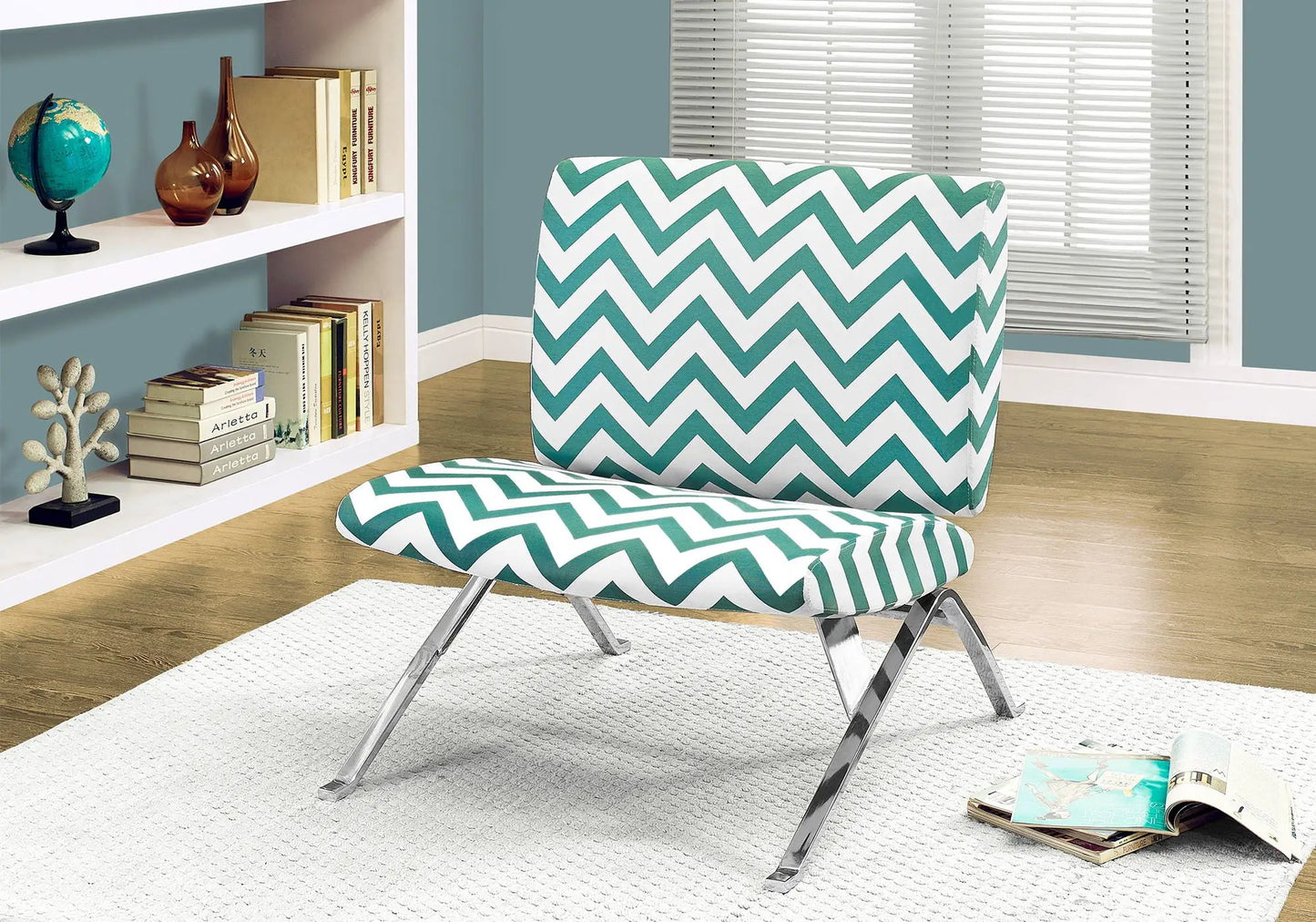 Accent chair and ottoman in teal chevron fabric with chrome legs Unique Piece Furniture on Tampa Home & Garden Store