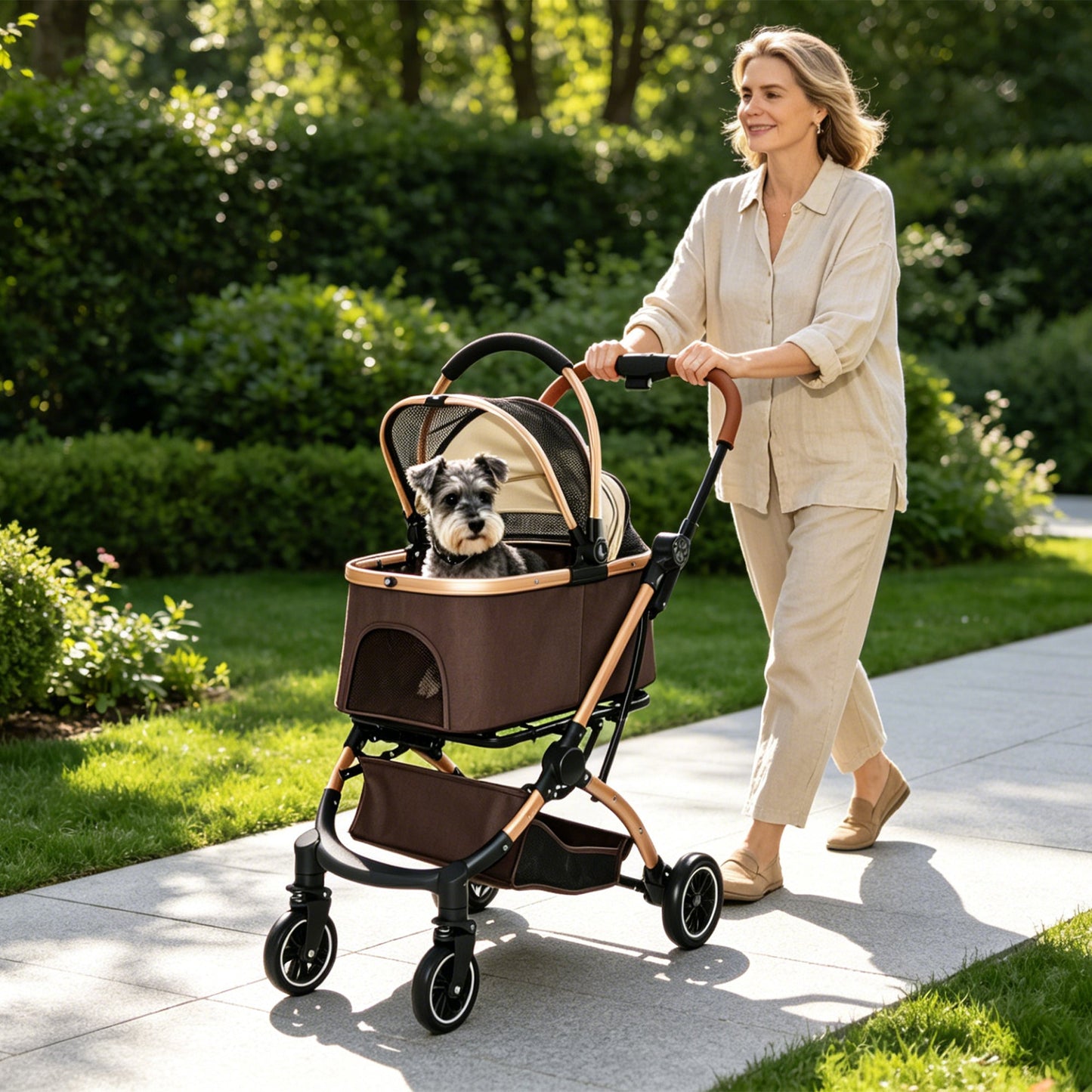 HouseOfZazla pet stroller for dogs and cats, 2-in-1 detachable foldable with sun canopy, brown on Tampa Home & Garden Store